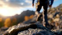 Hiker on mountain trail at sunset with boots in foreground, dramatic rocky terrain and golden autumn trees in background, adventure outdoor lifestyle.