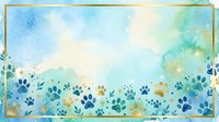 Watercolor paw prints and foliage border in blue, teal, and gold tones on soft background. Isolated design element suitable for pet-related projects, greeting cards, and animal-themed compositions.