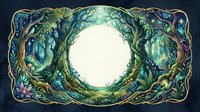 Mystical forest frame with intertwined branches and magical creatures creating circular border on dark background for fantasy designs and storytelling.