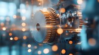 Industrial metal cogwheel mechanism with golden light bokeh effect in blue tones, close-up view showing mechanical engineering and technological precision.