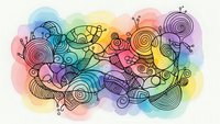 Abstract colorful watercolor background with hand-drawn doodle patterns, swirls and geometric shapes for creative design projects and artistic decoration.