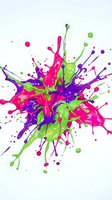 Vibrant colorful paint splash explosion with pink purple green liquid drops and splatters on white background for creative design projects.