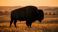 American bison silhouette grazing in golden grassland at sunset, wildlife photography for nature and conservation themes.