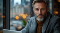 Confident mature Caucasian businessman with gray beard wearing wool coat near window. Urban bokeh lights and cityscape create moody professional portrait.