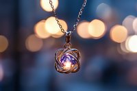 Elegant pendant necklace with glowing crystal in twisted metal design against soft bokeh background, capturing magical jewelry detail in warm evening light.
