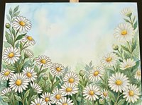 Watercolor daisy border frame with white flowers and green leaves on soft blue sky background, copy space for text or design.