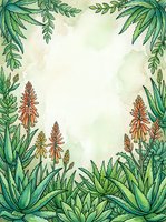 Watercolor botanical frame with aloe vera plants and orange blooms on soft green background, copy space for text or greeting cards.