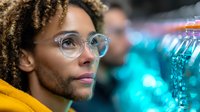 Young African American woman with natural curly hair and round glasses gazes thoughtfully upward, wearing yellow sweater against blurred turquoise lights background.