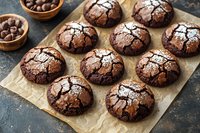 Homemade chocolate crinkle cookies with powdered sugar coating on parchment paper. Dark chocolate chips in wooden bowls. Freshly baked treats with cracked surface.