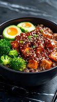 Asian-inspired bowl with glazed tofu, broccoli, avocado egg boats, and brown rice garnished with sesame seeds and green onions on dark marble background.