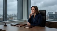 Thoughtful female executive in dark blazer seated at wooden desk in high-rise office with city skyline view, contemplating business strategy and professional success.