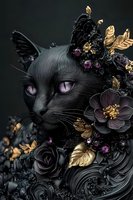Mystical black cat with purple eyes adorned in dark baroque ornaments, gold leaves and purple flowers against black background, dramatic fantasy art style.