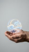 Hands holding glowing neon sphere with swirling wave patterns and spiral designs. Luminous orb emits soft light against neutral background. Suitable for technology, innovation, creativity concepts.