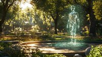 Glowing holographic figure in tranquil garden setting with sunlit trees and pathways, creating magical atmosphere for technology and nature concepts.
