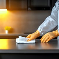 Professional cleaner in yellow rubber gloves wiping kitchen counter with white cloth in modern home interior for hygiene and sanitation services.