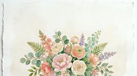 Vintage floral arrangement with pink roses, peach blooms, purple flowers, and green foliage on cream background for wedding invitations, greeting cards, and decorative designs.