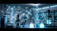 Modern laboratory with holographic DNA molecules and scientific data projections for biotechnology research and genetic engineering applications.