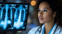 African American female doctor examining chest X-ray scans in modern medical facility with stethoscope around neck for healthcare diagnostics.