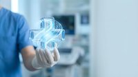 Close-up of healthcare professional in blue scrubs holding glowing dollar sign symbol, representing medical costs, healthcare expenses, and financial management in hospital setting.