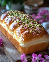 Fresh baked sweet bread loaf topped with crushed pistachios and pink sugar crystals on wooden board, surrounded by delicate pink flowers, soft natural lighting.