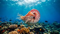 Nautilus shell swimming over vibrant coral reef in tropical ocean waters with sunlight filtering through blue sea creating marine ecosystem scene.