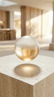 Transparent glass sphere levitating above wooden block in modern minimalist interior with warm natural light and blurred background for design projects.