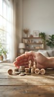 Protective hands covering wooden family figures and coin stacks on rustic table in cozy home interior representing financial security and family protection.