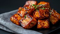 Glazed tofu cubes with sesame seeds and fresh herbs served on dark napkin, close up view of Asian cuisine appetizer with sweet and savory sauce.