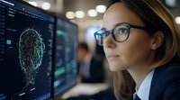 Young professional woman data scientist analyzing artificial intelligence brain visualization on computer screen in modern tech office environment.