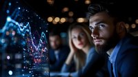 Young bearded businessman analyzing financial market data on futuristic digital screen with glowing charts and graphs in dark office environment.
