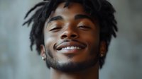 Young African American man with dreadlocks smiling confidently, showing positive emotions and happiness in close-up portrait for lifestyle content.