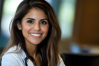 Young Hispanic female medical professional with stethoscope smiling warmly at camera, wearing white coat and pearl earrings against blurred office background.