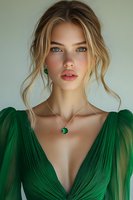 Young blonde woman with freckles wearing emerald green evening dress and matching jewelry set against soft neutral background. Natural makeup and loose updo hairstyle.