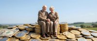 Happy senior Caucasian couple sitting on large pile of coins outdoors, symbolizing retirement savings, financial security, and wealth planning.