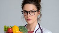 Young female healthcare professional in white coat and glasses holding fresh vegetables and fruits, promoting healthy diet and nutrition counseling.