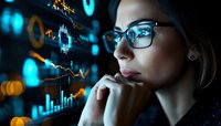Young Caucasian businesswoman in glasses analyzing financial data on digital screens with glowing charts and graphs in dark office environment.