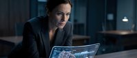 Focused female professional in dark business suit working on laptop with data analytics interface displayed on screen in modern office environment.