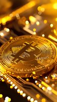 Golden cryptocurrency coin with circuit board background and glowing bokeh lights, macro shot showing detailed texture and metallic surface in warm tones.