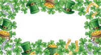 St. Patrick's Day frame with green shamrocks, leprechaun hats, gold coins and horseshoes on white background for holiday greeting cards and decorations.