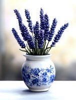 Fresh purple lavender bouquet in white and blue ceramic vase with floral pattern on light background, elegant home decor arrangement.