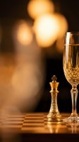 Elegant crystal champagne flute and ornate golden chess king piece on wooden surface with warm bokeh lights creating luxurious atmosphere for celebrations.
