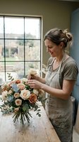 Female florist arranging wedding bouquet with roses and eucalyptus in bright studio workspace with natural light from large windows.