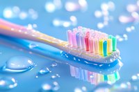 Colorful toothbrush with rainbow bristles on blue surface with water droplets for dental hygiene and oral care routine.
