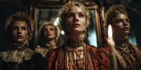 Young blonde woman in ornate Victorian dress with intricate gold embroidery and high lace collar stands among group in luxurious historical interior setting.