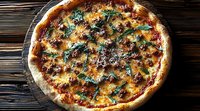 Homemade pizza with melted cheese, ground beef, and fresh herbs on rustic wooden background, shot from above with natural lighting and crispy crust texture.