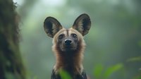 African wild dog with distinctive large ears looking alert in misty forest environment, natural wildlife portrait.
