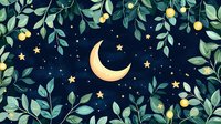 Magical night sky with crescent moon, stars and green foliage frame with glowing yellow fruits on dark blue background.