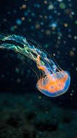 Glowing jellyfish swimming gracefully through dark ocean waters with bokeh light effects creating magical underwater atmosphere for marine biology concepts.