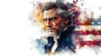 Portrait of mature Caucasian man with gray hair and stern expression against American flag background, artistic watercolor splash effect creates dramatic patriotic composition.