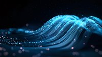 Glowing blue waves with sparkling particles flow in darkness creating dynamic motion effect. Abstract background for technology and digital concepts.